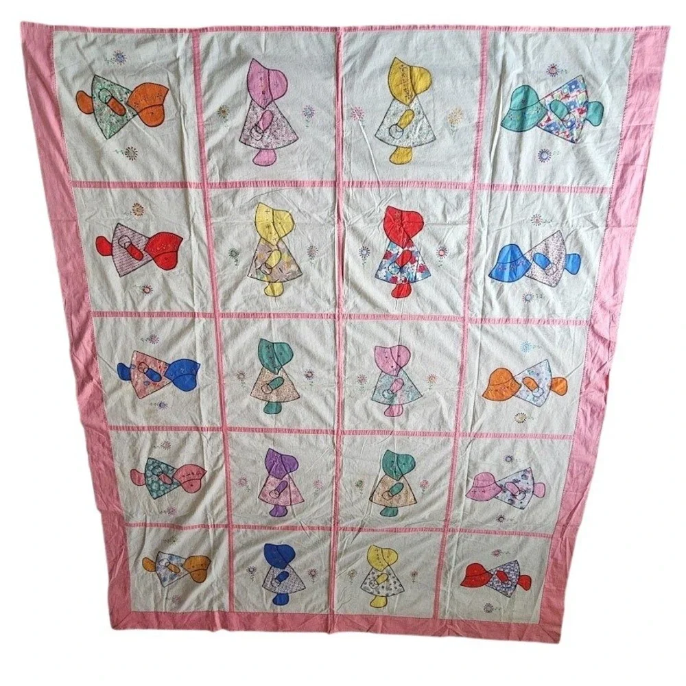 VINTAGE HANDMADE Sunbonnet‎ Style Appliqué Quilt Top Pink Folk Art 75x88